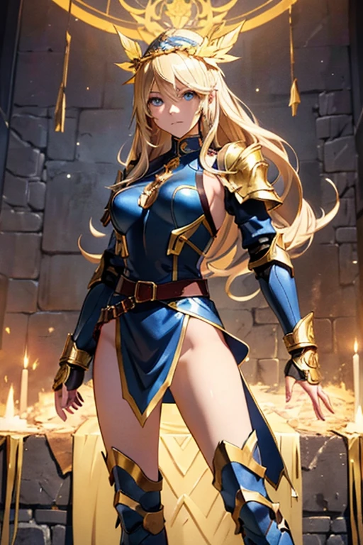 A full-body portrait of a young woman in anime style, with long, light blonde hair, framed by a white mantle adorned with golden details. She has intense blue eyes and wears a form-fitting blue armor with intricate engravings of leaves and flowers, and golden metal pieces covering her shoulders and arms. A dark brown leather belt with metallic buckles secures her armor at the waist. She wears brown leather boots, standing in a dynamic action pose. A cross-shaped pendant adorns her chest. The background features a blue sky with fluffy clouds, highlighting her majestic and noble appearance, visible from head to toe.