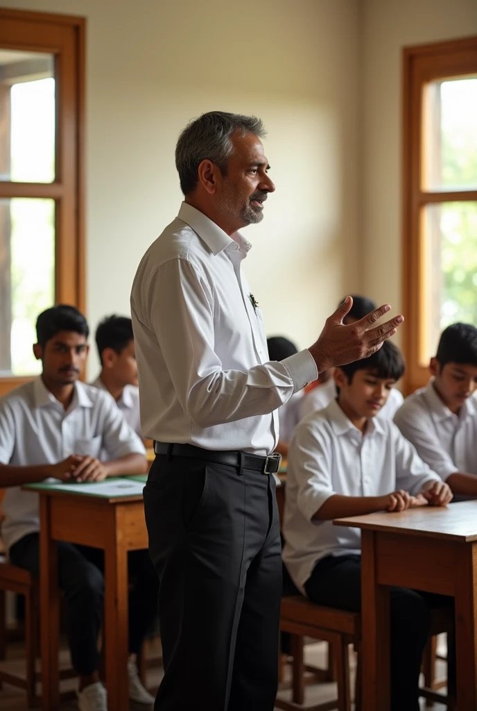 A male Indian school teacher teaching practical seating wear black pants similar teacher in side angle poses