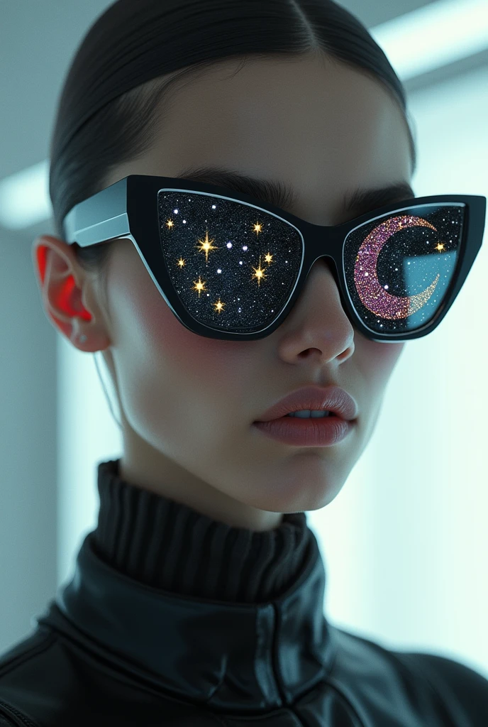 The model is wearing glass sunglasses with stars and the moon on the glass