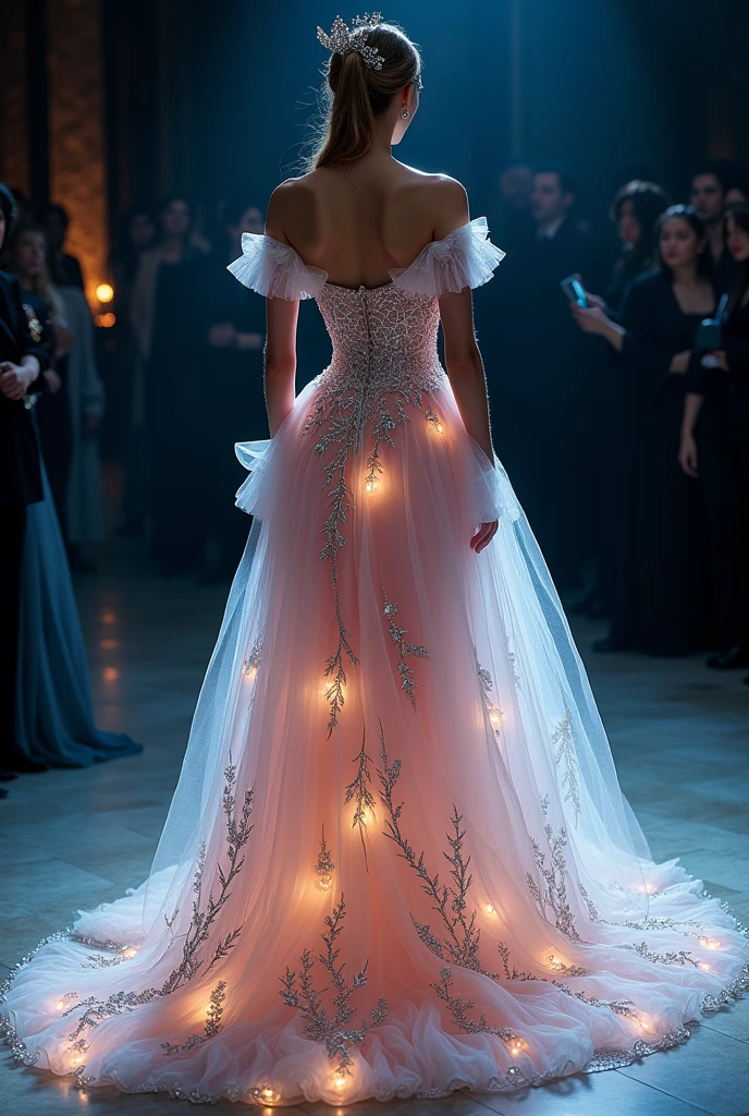create the most perfect and iconic dress for the met gala with the theme:  "Sleeping Beauties: the Awakening of Fashion" Structure and Silhouette: Corsets are bodies: The dress would start with a fitted bodice, that would resemble medieval royalty. This corset would have an intricately embroidered design, with filigree details and small crystals that evoke the glow of magical charms. The predominant color would be a soft shade of pale pink or a serene blue., inspiring the color palette associated with the tale.Skirt and Tail: The skirt would open into a princess shape, voluminous and fluid, with several layers of tulle and organza. Imagine a dress that starts with a silk or crepe base and is layered with flowing tulle that creates a cloud-like effect around the figure.. The tail would be long and majestic, winterez com um brilho sutil ou bordado que simula o efeito das estrelas ou a luz da lua.Fabrics and Textures:Main Fabrics: silk, organza, and tulle would be the main fabrics, giving the dress an ethereal and light look. The silk would provide a luxurious drape and the organza would give structure and volume to the skirt..Additional Detail: The use of velvet or chiffon could be incorporated to add depth and richness to the design.. Silver or gold lamé details could represent enchantment and magic.Details and Adornments:Embroidery and Applications: Delicate embroidery and applications of crystals or pearls in floral and star patterns would be distributed throughout the skirt and bodice, evoking the idea of a spell or enchantment. These details could be inspired by the transformation scene from Sleeping Beauty, where the environment is filled with magic.Gola and Mangas: The dress could have a high Victorian-style collar, with a lace or embroidery finish, reflecting the historical influence of fashion at the time in which the story takes place. Puffed or styled sleeves "puff" would add a dramatic and traditional touch.Accessories:Tiara or Crown: An essential accessory would be a delicate tiara or crown., winter