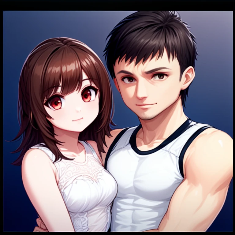  (Highest quality, Highest quality), (1 Mature male, tall, Black Hair , kiss:1.1),Wearing a T-shirt, Heterosexual/. 1 female:1.2,Japanese women,iris,Brown eyes,iris,Black Hair,((Wet bangs:1.2)),Long hair down the back,Straight hair,Soft lips,Fat Muscle,(Big Breasts:1.3),plump belly,((Camisole and shorts:1.1)),(With an ecstatic face),carry on back hug from behind,