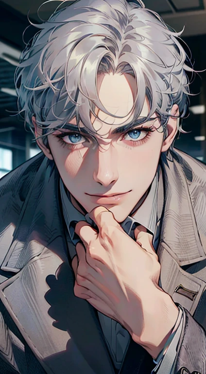 (best quality,4k,8k,highres,masterpiece:1.2),ultra-detailed,(realistic,photorealistic,photo-realistic:1.37),1 man,31 years old,mature man,very handsome,without expression,smile,short grey blue hair,blue eyes,penetrating, CEO in his office, huge with classic and modern architecture looking at his prey with a mischievous smile. gaze,perfect face without errors,imposing posture,businessman,office background,cinematic lighting,hdr image
