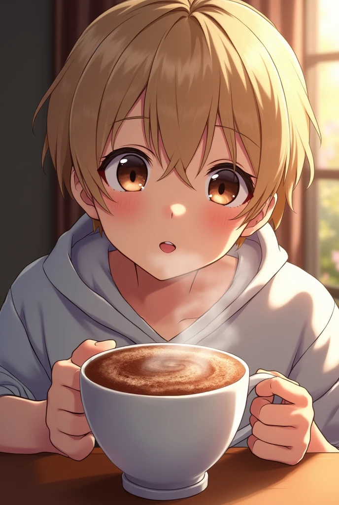 anime boy drinking hot chocolate with foam on mouth