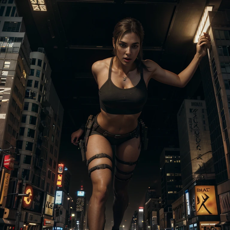 giant Lara croft stand in new york, Full body photo,gtscityskyscraper, giga gigantess (Long legs:1.2),Beautiful looks,No branding,Perfect lighting,Cinematic quality, 8K, High quality, (GTS:1.5), on the top view, building seat, belly, perfekt hands, realism, perfekt Face,
