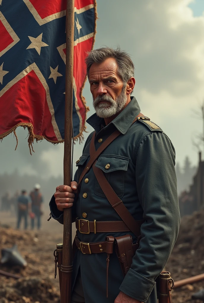 Generate me a Southern American soldier during the American Civil War, tenant un drapeau confédérés dans sa main.