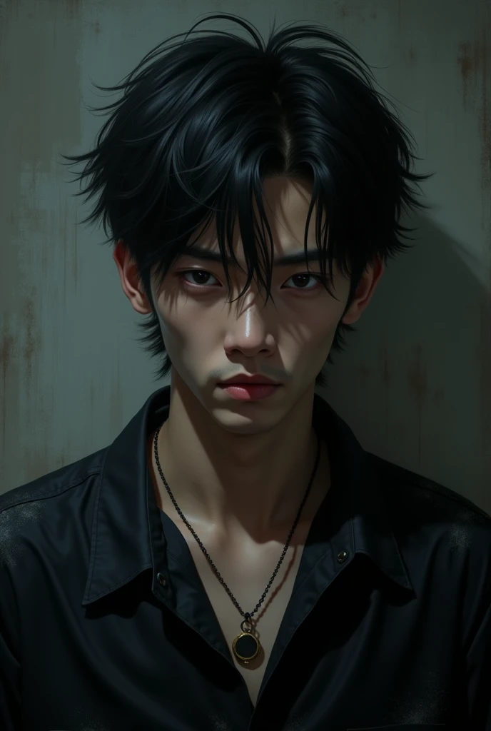 A 28-year-old Asian male with a dark and twisted background. He has a sharp facial structure with a melancholic yet intense expression. His eyes are narrow, reflecting emptiness and pain, but occasionally show unexpected gentleness. His hair is slightly messy, jet-black, with a few strands falling over his forehead as if hiding part of his identity. He wears a dark, modern outfit—perhaps a black shirt or jacket—tainted with subtle stains or tears, hinting at a troubled past. A small necklace hangs around his neck, carrying deep personal meaning. His posture is usually reserved, quiet, and introverted, but when his darker side emerges, his demeanor shifts, revealing an aura of anger and sorrow. The background should be dimly lit, emphasizing the character’s internal conflict, with shadows that almost seem alive, representing his haunted past."