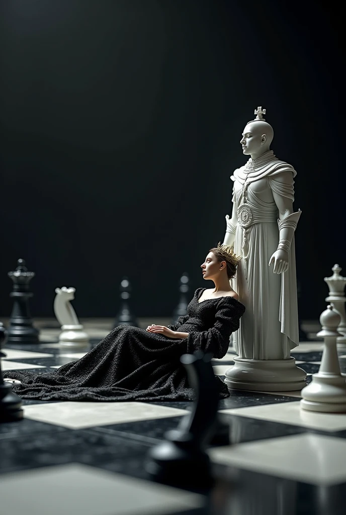 On a chess board, The black queen defeated by the white king
