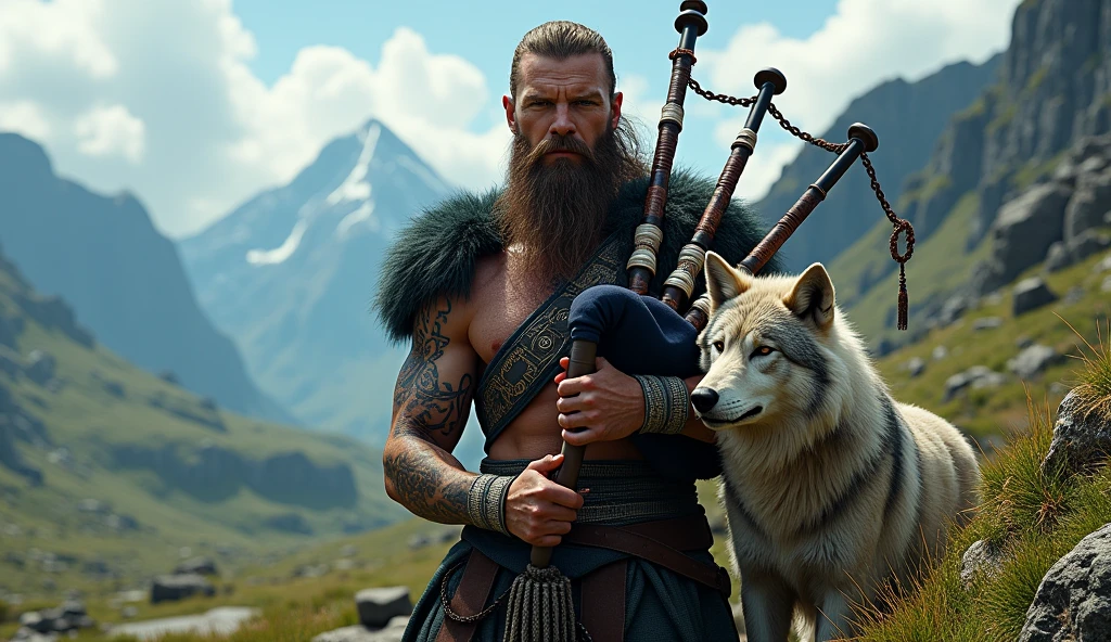 the best quality, very high resolution, detailed 4K CG, Masterpiece artwork, augur, Nordic Deuses, handsome man plus a wolf, rune tattoos, viking, Celtic mountains, tall trees, blue sky, Norse mythology, viking rune tattoo, beautiful aesthetic, Beautiful picture, There are beautiful ancient ruins in the back