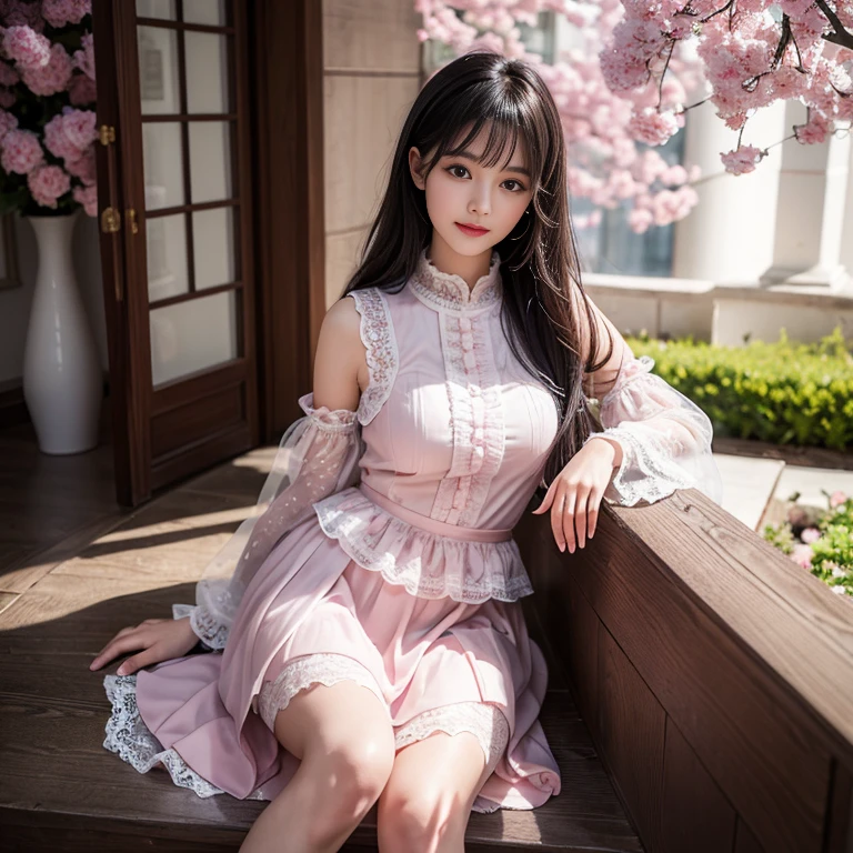 best quality, Delicate face，beautiful visual work, lifelike, eternity, black hair, Long curly hair, blunt bangs, Smile, Detailed Background, Delicate face，blush，cold，((masterpiece))、(top quality)、8k、high detail、Super detailed，31-year-old female， masterpiece、born、Scenes resembling fairy tale illustrations、intricate details和複雜的設計、Beautifully、magic、capricious、 Beautifully、Dream aesthetics、「𝓡𝓸𝓶𝓪𝓷𝓽𝓲𝓬、ethereal、charming、fickle、magic」、realism、Visual effects、FXAA、SSAO、Shader、voiceless、ambient lighting、Tone mapping、High resolution、Ultra high quality、Million pixels、(8K resolution:1.10)、8k、8k以下、8K resolution、high detail、intricate details， (high quality:1.2、masterpiece:1.2、:1.21)、(21 years old female:1.21)、(興奮地Smile)、(Surrounded by a dreamy atmosphere、Model diagram，full-body shot，Normal 2 feet，Put your hands behind you，The protrusion of the breast is visible when wearing clothes, Cherry tree, Wear a ****TA dress, layered dress, Pink ****ta skirt, lots of lace, Long sleeve, Wide sleeves, Big skirt