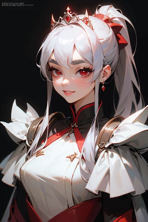 (Highest quality, masterpiece:1.2), High resolution, Very detailed, Realistic:1.37, Fantasy, An illustration,Gray Hair、 Red eyes、Queen, White Dress、Platinum decoration、beautifully、Eyeshadow Red、Thick eyebrows、Long eyelashes、pupils are black、shiny on the lips、Top Sites、Queen、Princess、ponytail、A kind smile、Show your teeth a little and smile、Soft impression、people々々々々々々々Loved by、Slimming the face、Shoulder Bare、sexy、