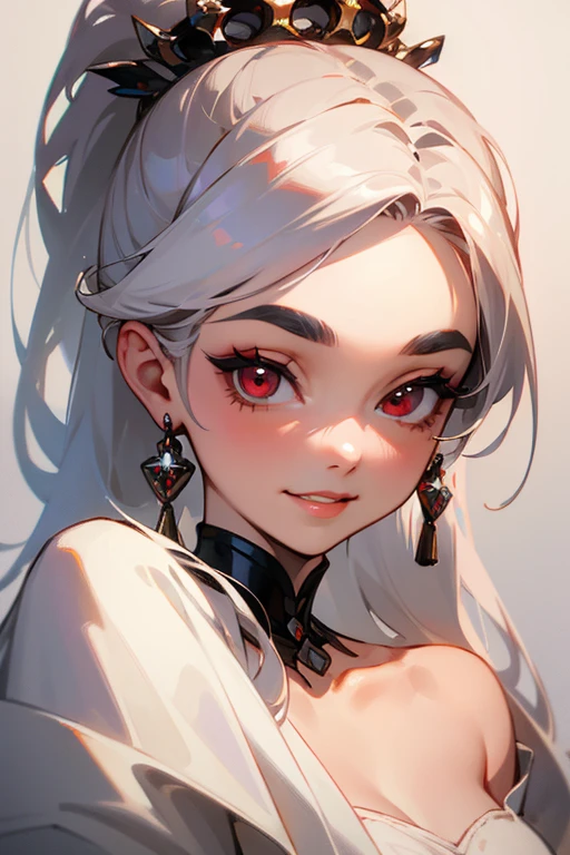 (Highest quality, masterpiece:1.2), High resolution, Very detailed, Realistic:1.37, Fantasy, An illustration,Gray Hair、 Red eyes、Queen, White Dress、Platinum decoration、beautifully、Eyeshadow Red、Thick eyebrows、Long eyelashes、pupils are black、shiny on the lips、Top Sites、Queen、Princess、ponytail、A kind smile、Show your teeth a little and smile、Soft impression、people々々々々々々々Loved by、Slimming the face、Shoulder Bare、sexy、