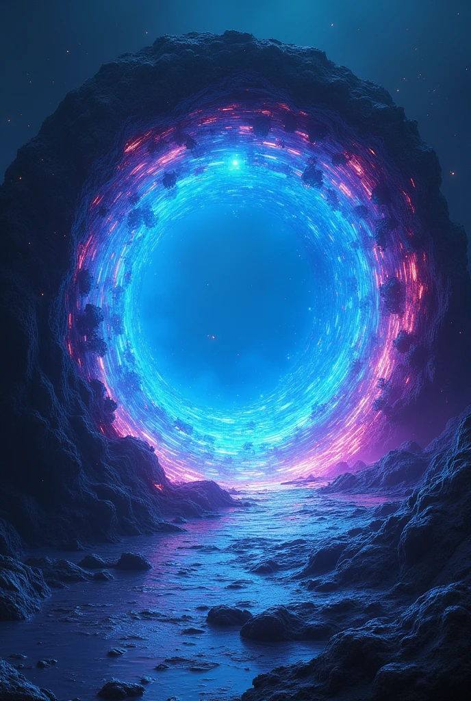 Glitching portal colored blue and parple, looking a little like a black hole