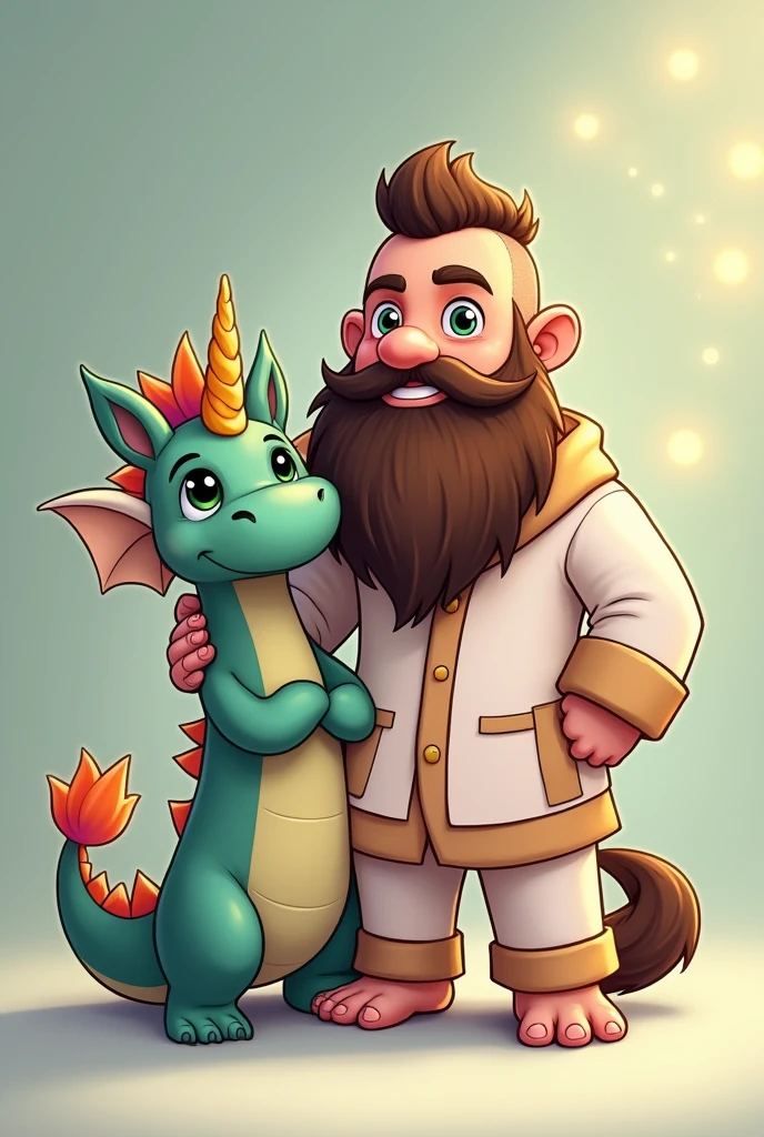 cartoon style a cute bearded viking style man samurai style hair shaved on the sides he is next to a cute dragon with glowing eyes the man he has green eyes and apparently he is happy he has a long viking style beard he is wearing cute unicorn pajamas