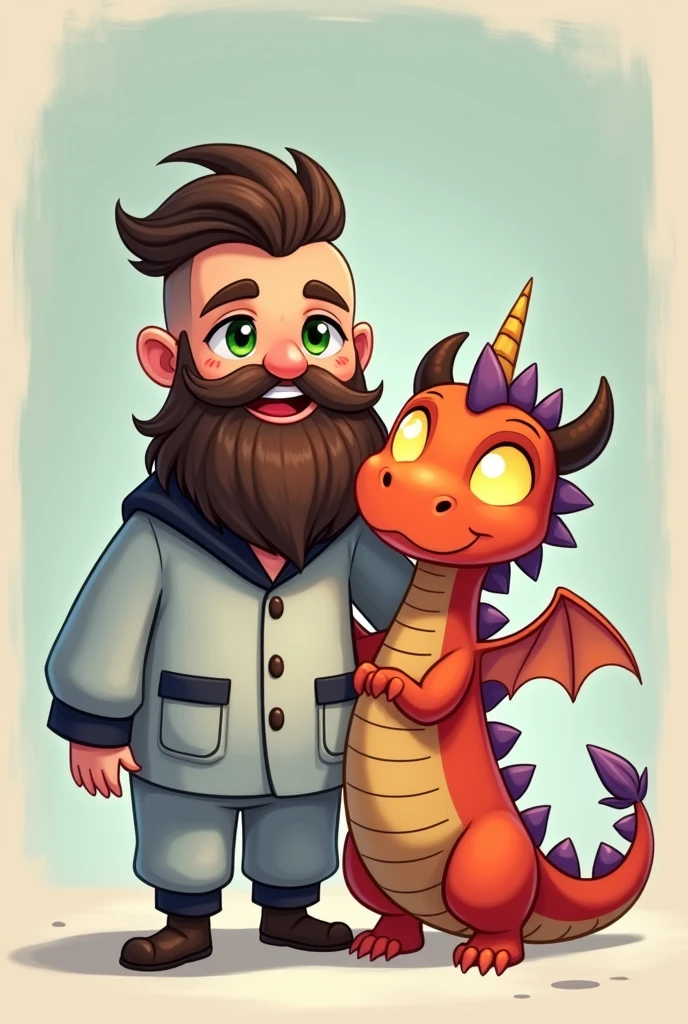 cartoon style a cute bearded viking style man samurai style hair shaved on the sides he is next to a cute dragon with glowing eyes the man he has green eyes and apparently he is happy he has a long viking style beard he is wearing cute unicorn pajamas 