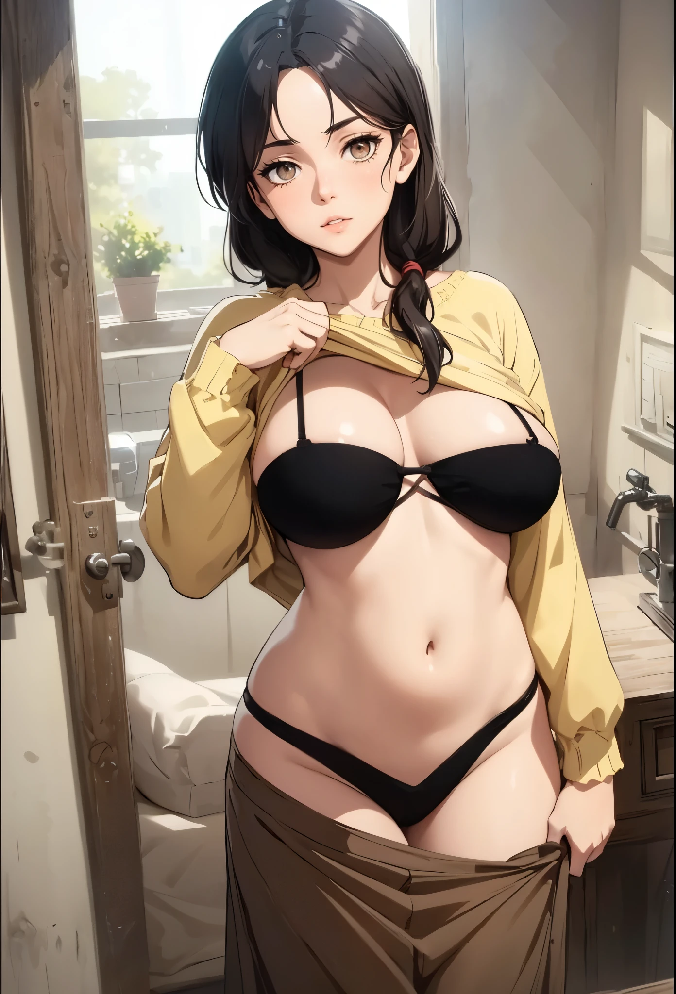 ((1girl, solo)), Carla Yeager, large breasts, beautiful body, (perfect anatomy, perfect body, perfect hands, perfect legs), nice hands, natural proportions, sexy body, standing, BREAK
((extremely detailed face)), brown eyes, (beautiful detailed eyes:1.6), (realistic pupils, realistic iris:1), expressive eyes, looking at viewer, (clear eyes:1.3), (hyperrealistic:1.2), (detailed skin texture:1.2), smooth skin, black hair, long hair, hair over shoulder, (detailed lips:1.2), (attractive lips:1.1), (glossy lips:1.1), perfect face, perfect eyes, blush BREAK
yellow shirt, clothes lift, shirt lift, lifted by self, black bra, stomach, navel, brown skirt, clothes pull, skirt pull, pulled by self, black panties, thighs, ass visible through thighs, thigh gap BREAK
(masterpiece:1.5), anime-style, top quality, best quality, (beautiful and aesthetic:1.2), (ultra detail:1.5), Ultra-detailed depiction, Ultra-precise depiction, extremely detailed 8k illustration, high resolution, (highly detailed shading:1.2), (realistic lighting:1.4), perfect lighting, vibrant colors, dynamic tones, striking hues, 8k, absurd resolution, perfect shadows, hdr, UHD, ambient lighting, realistic, ultra-realistic, photo realistic, highly detailed, rich detail, luminous colors, fine texture, intricate design, professional illustration, (soft light:1.2), (illustration:0.7)