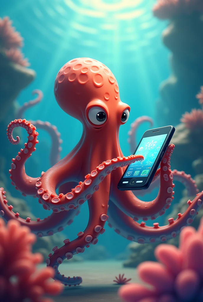 An octopus playing video games on a cell phone