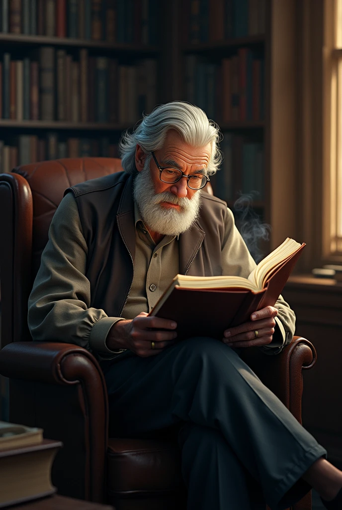 An elderly man reading a book