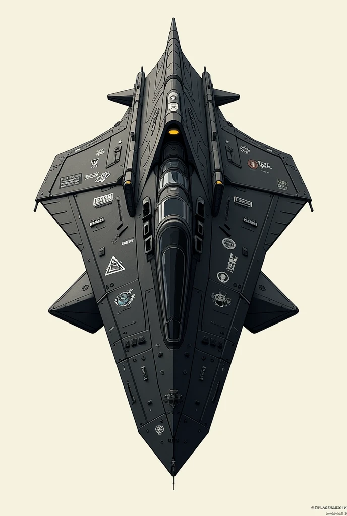 spaceship, 90s, anime, punk style, in the style of Jamie Hewlett, front view, plain background, black, cyberpunk, total black ship, (view from behind), punk stickers, crew size ship, guardians of the galaxy, milano starship
--ar 4:7