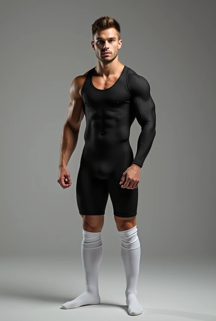 A handsome 20 year old boy, beardless with good muscles and well-proportioned legs wearing a pair of white thigh-high soccer socks that highlight the thigh muscles.
He is wearing a black spandex suit that highlights his attributes, especially those of his crotch.