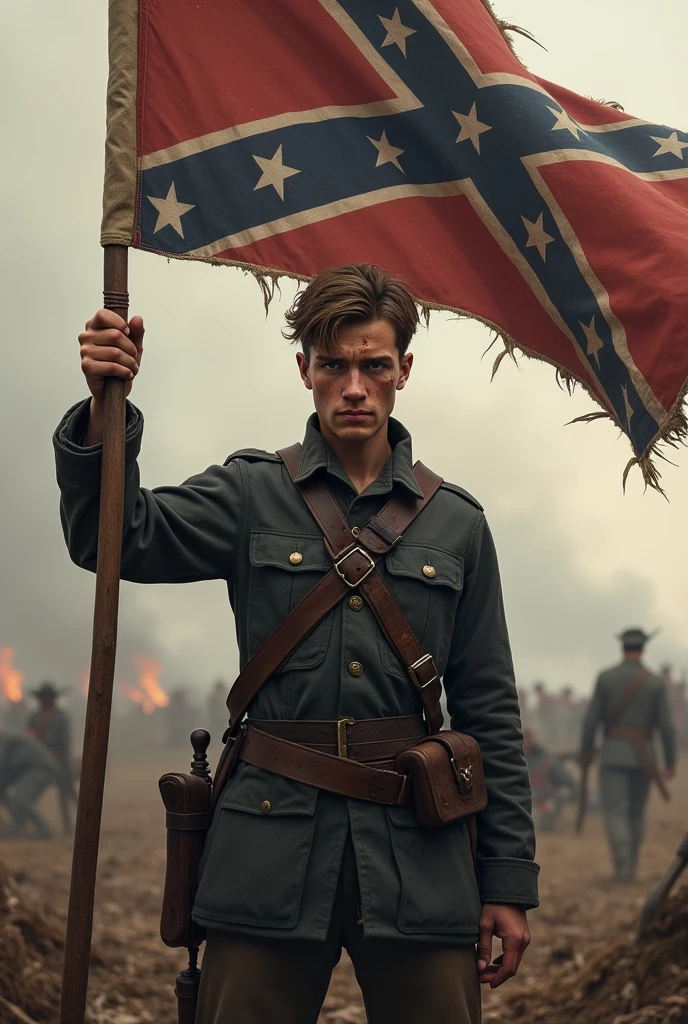 Generate me a young American Southern soldier during the American Civil War, tenant un drapeau confédérés dans sa main.