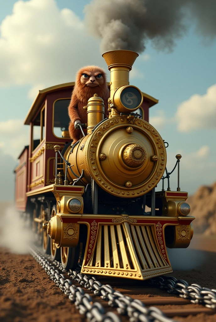 A golden locomotive driven by a brown pou moving forward on American football chains