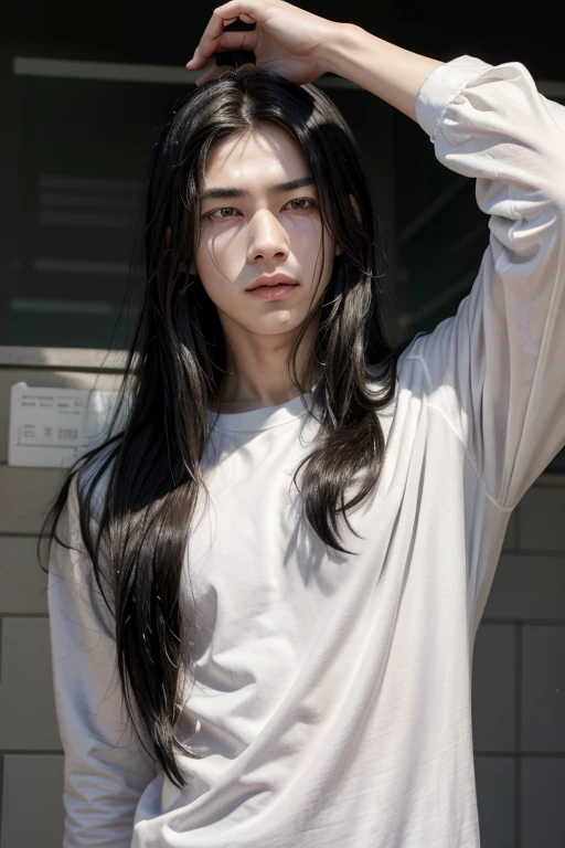 work of art, best qualityer, 1 men, Age 22, oriental eyes, long black hair, slickedback hair, skin fair, 精致的面容, Extroverted expression, white shirt with black stripes, Prison landscape in the future