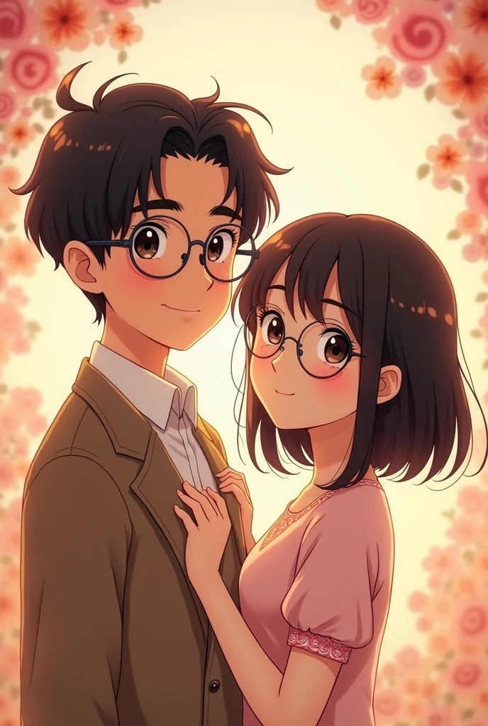 I want an anime couple with a man with thick eyebrows wearing round glasses and a girl with bangs also wearing round glasses