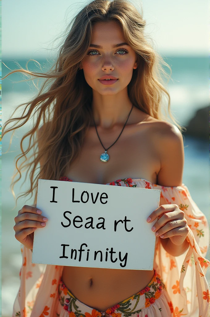 Beautiful girl with wavy long hair, bohemian dress, holding a white board with text "I Love Seaart Infinity" and showing it to the viewer