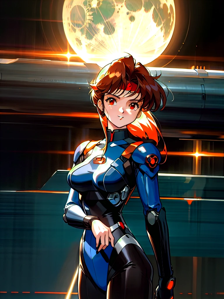 Kenichi Sonoda, retro art-style, 90s Japanese Anime Style, "bubblegum crisis", Sci-fi, Cyberpunk, Neon, Dystopia, (This story is set in the near future of Mega Tokyo in 2032 and depicts the exploits of beautiful young girls who are Knight Sabers, shadow executioners. At midnight, on the spire of a particularly tall skyscraper, a person wearing a metal hard suit that covers the entire body from head to toe can be seen standing stylishly against the backdrop of the full moon. The shadow that stands out against the backlight of the moon is made of smooth curves, creating a feminine body line.), The main character, "Priss", 1girl, solo, 20yo, anime beauty, Cool beauty, Unparalleled beauty, Brown medium length hair, red eyes, dark blue metal hard suit with orange lines, The design is based on Syd Mead-style industrial mechanic design., fearless look, smile, stand in style, looking at viewer, close-up photography of upper body, Depth of field, character focus, (masterpiece, anime cg, official art, work of art, Award-winning work, extreme quality, ultra high definition, all intricate, overall detailed, finely detailed, super detailed, very aesthetic, boast pompously, focus on entire screen, asymmetrical, raytraced, caustics, textile shading, incredibly absurd resolution, absolutely resolution, ultra high resolution, professional, vivid colors, perfect anatomy, ideal facial features, beautiful detailed face, ideally proportioned figure, perfectly beautiful body),
