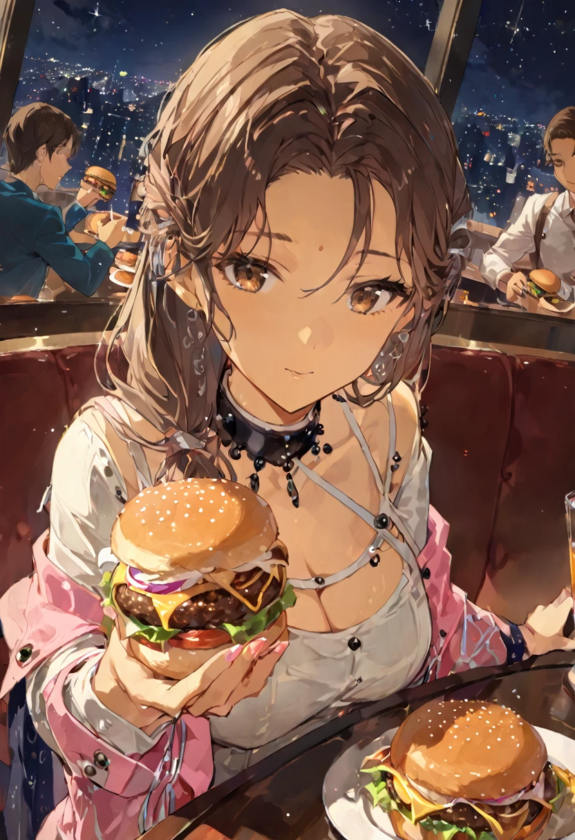1girl, brown hair, brown eyes, pink and white clothes fully clothed, in restaurant, nighttime, mans arm giving her burger, reaching out for burger from 1boys hand