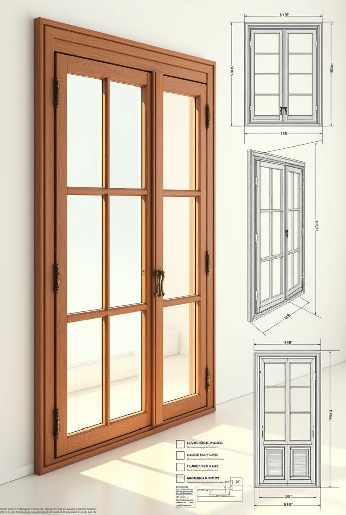 An animated basic drawing image of a French window that is elegant wood type, with 1.Floor 2.Front raise 3.Lateral Raise 4.Rear elevation 5.isometrico