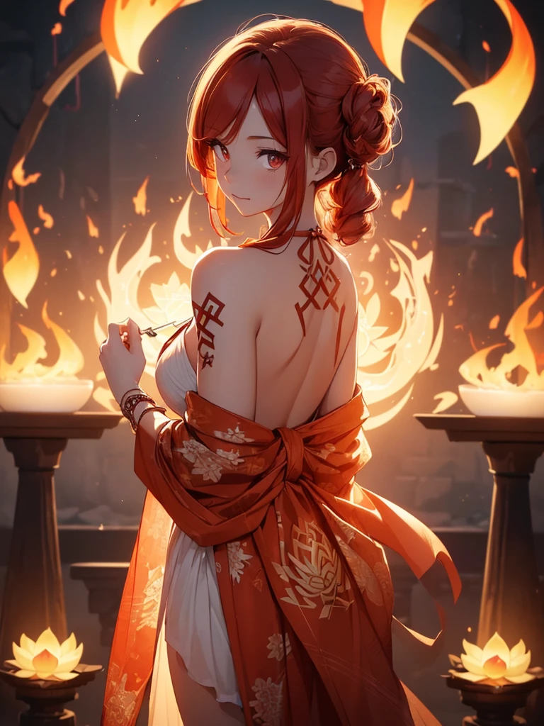 (((best quality, sharp image, clear image, cinematic lighting, 8k resolution, masterpiece, ultra detailed, intricate))) Girl, (((looking over shoulder))), shot from behind, half body shot, fire mage, cute, fiery red hair, pigtails in hair, (intricate dress), (white dress), ribbons in hair, smiling, fiery red, ((intricate Portal background)), ((fire magic)), candles, ((glowing runes on skin)), (flame patterns), ((fiery lotus flowers)), busy background. 