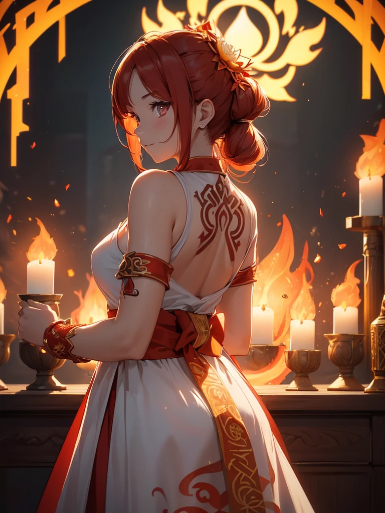 (((best quality, sharp image, clear image, cinematic lighting, 8k resolution, masterpiece, ultra detailed, intricate))) Girl, (((looking over shoulder))), shot from behind, half body shot, fire mage, cute, fiery red hair, pigtails in hair, (intricate dress), (white dress), ribbons in hair, smiling, fiery red, ((intricate Portal background)), ((fire magic)), candles, ((glowing runes on skin)), (flame patterns), ((fiery lotus flowers)), busy background. 