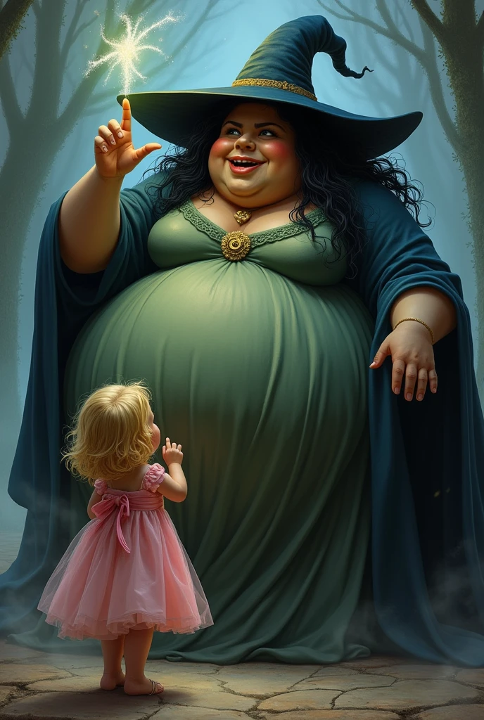 ((woman, female, feminine woman)), (highly perfect realistic) fat, chubby, obese witch, with black hair and hat, witch pointing her finger at a child with blonde hair, , wearing a pink, light pink, white pink dress golden yellow blonde hair disney design