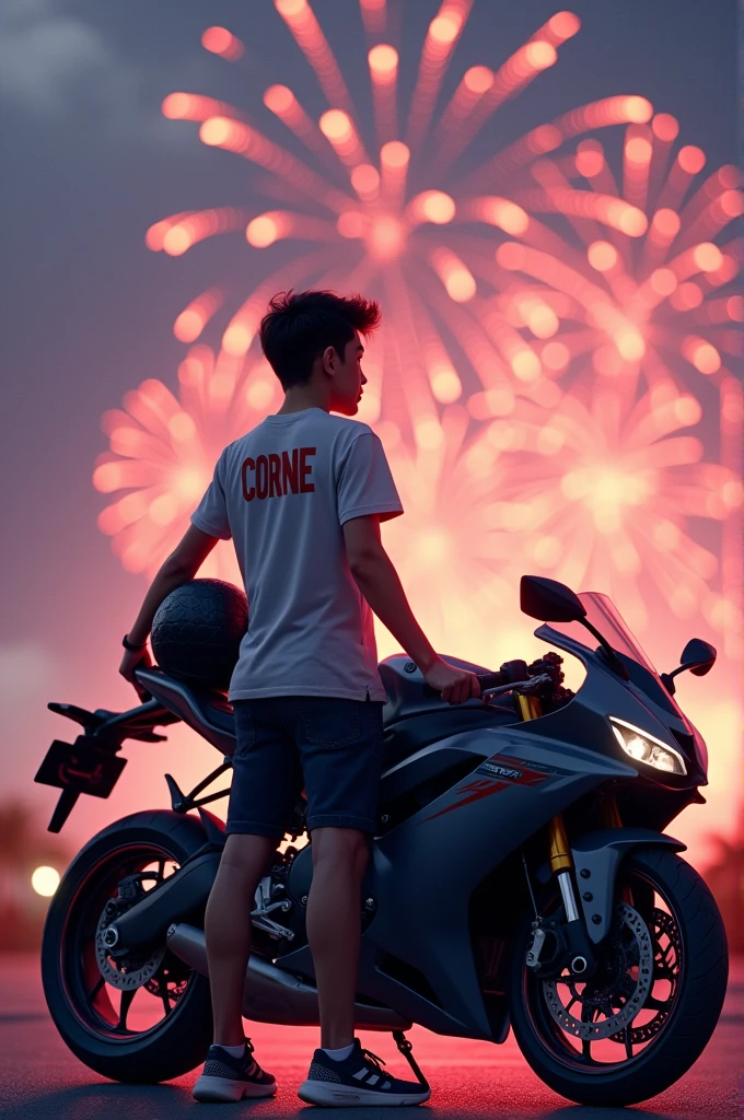 Hi Leonardo, I want you to generate an image, a teenager who is with a sports bike. The background of the image must be fireworks, The teenager must be wearing a t-shirt with the name CORNE on the back., In his right hand he must carry a certified helmet.