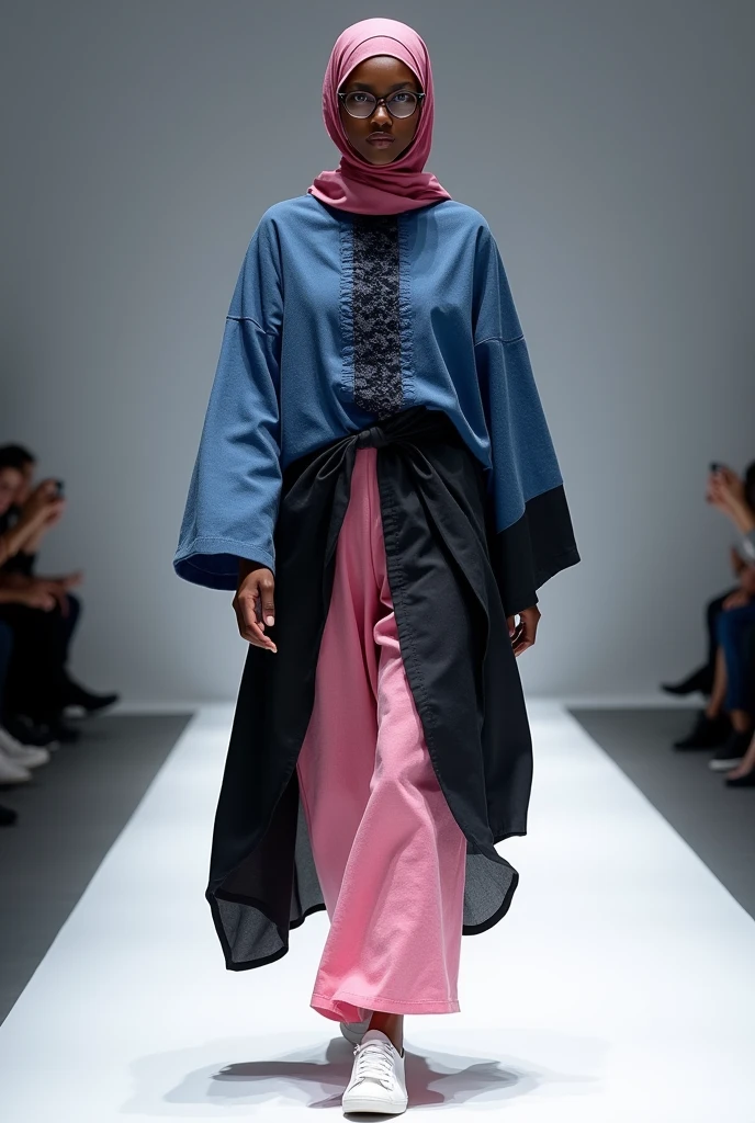 Tall black girl walking on the catwalk with glasses, Stylish Linen Clothing for Muslim Women, the color of the clothes is blue, turning into black, with ruffles , very wide pink skirt , the silhouette does not fit the figure , the clothes are very loose and closed with patterns , The girl has a pink scarf on her head and Adidas sneakers on her feet