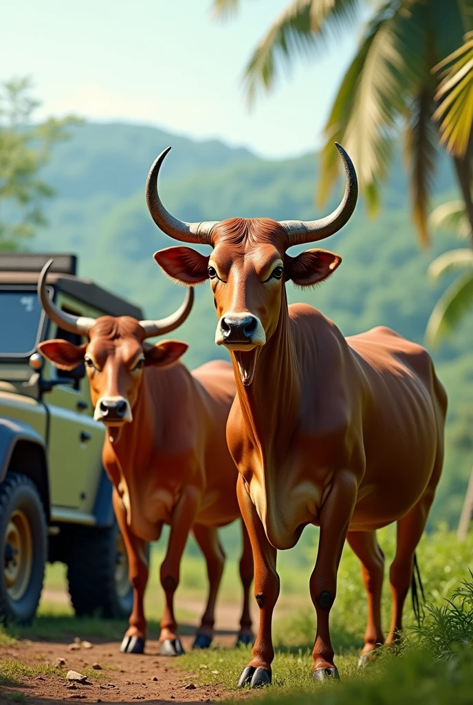 Indian Kangayam cattle standing next to off-road car
