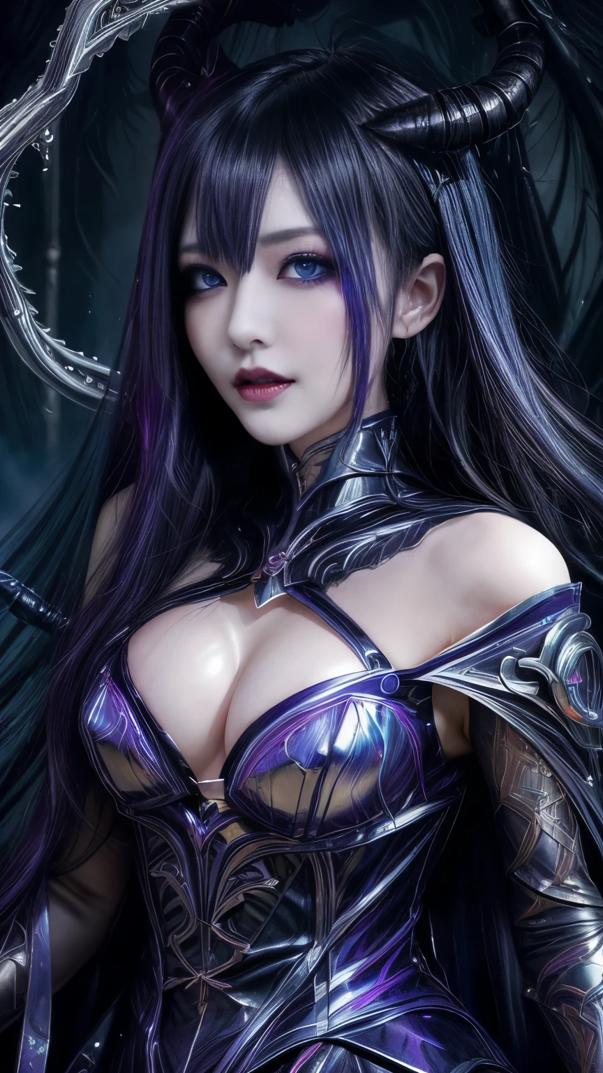強力なスーパーevil女がクローズアップでポーズをとる, Black Goddess (Exposing shoulders), length, Flowing purple hair, View your viewers, Highly detailed face, Perfect hands, Blue smoke swirling around her, evil事を愛する, Captivating blue eyes, Dark fantasy, Genuine, Symmetric, Attention to detail, Esoteric arachnids lady, Spider Queen Elise, League of Legends, Esoteric arachnids, Combat Stance, ( body formed from metallic mauveine and metallic black liquid metallic paint twisting into a beautiful interpretation of the female figure), length, Sharp Fangs, nature, ((Complex metallic colors in the foreground)), (( Fluid Mechanics, The most beautiful smooth scale face makeup, Smirking expression)) - Dark blood, Onyxia、Noir painting of a beautiful young witch, length purple hair, dark purple lips, evil, evil female, smile, Black Prom Dress, She is coming to you, close, Bright Blue Eyes, Surrounded by swirling pink smoke, Genuine, Attention to detail, Highest quality、A beastly demon wields a vicious blade, Blood Chain, Behemoth Bones, Snake-like tentacles, Cruel Teeth, Expressions of madness, Oppressive Dungeon. 8K Vision Reveals Fear, Ultra HD detail makes monsters stand out, Grotesque shadows dance, The creature whispers, Stifling atmosphere, Vision problems, Visible Madness. blade, evil意の閃光が輝く, reflect (Light) Beyond the Darkness, Elucidate (Sharp details) and、Add a dizzying dimension to the impending chaos.