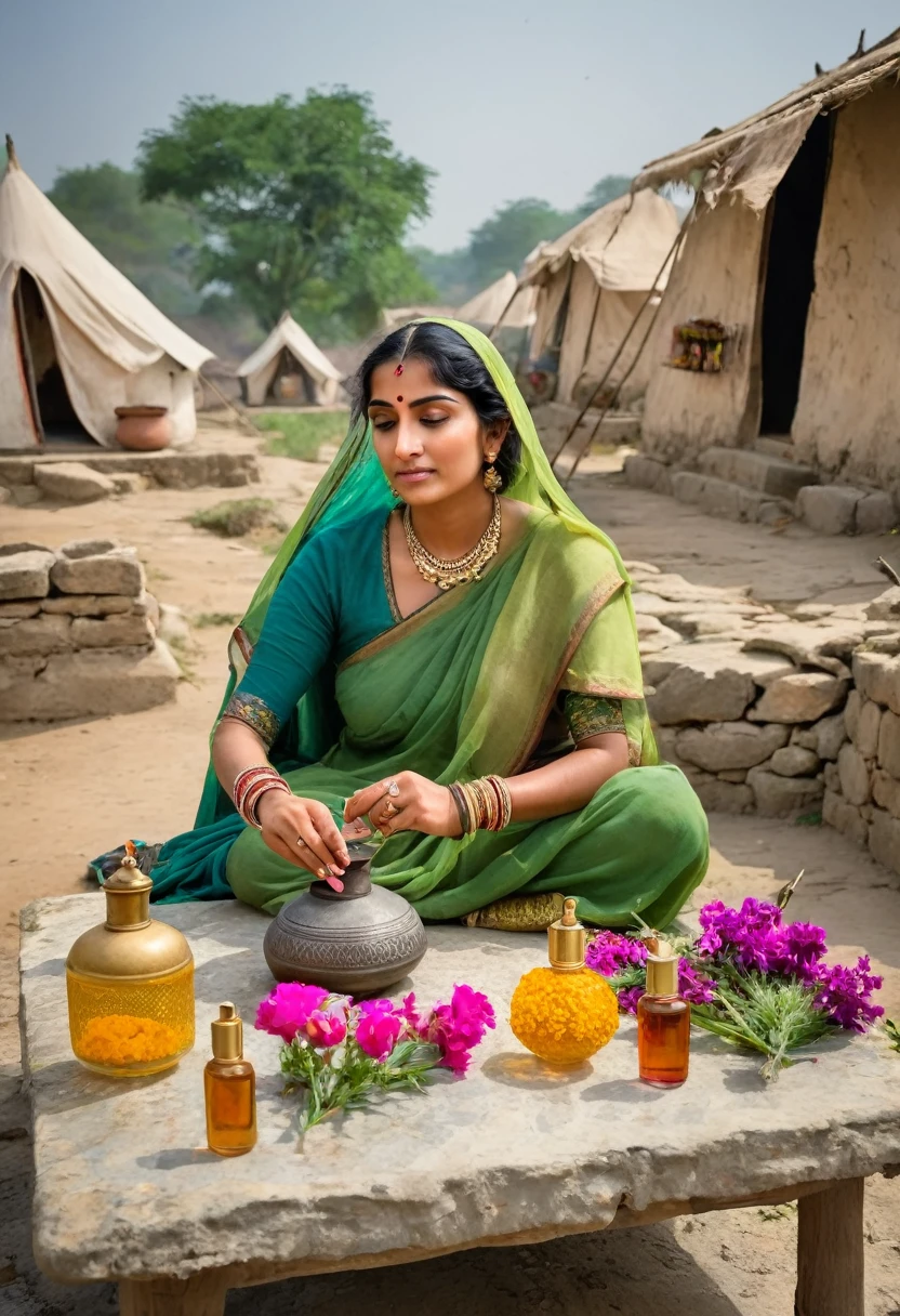 Woman in India in the year 800 making perfume with various flowers on an old stone table in the background a poor village made of tents 