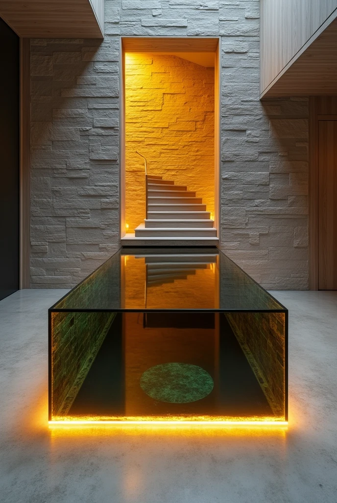 A rectangular table designed to give the feeling of a deep well, thanks to the reflective glass surface that creates a stunning visual effect resembling an endless tunnel.. Inside the well, the walls are covered with a raised wallpaper with a design that mimics industrial brick or a modern look, adding depth and extra detail.. Warm yellow LED interior lighting floods the well interior and highlights the details.. The decor includes a modern-looking staircase that extends into the well, adding an artistic and contemporary feel.. The table is mounted on a solid wooden base, which gives it strength and stability.