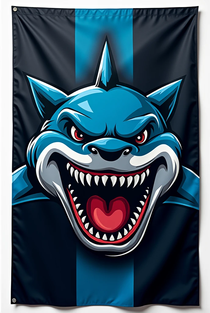 American football team flag with blue and black colors with a shark mascot 