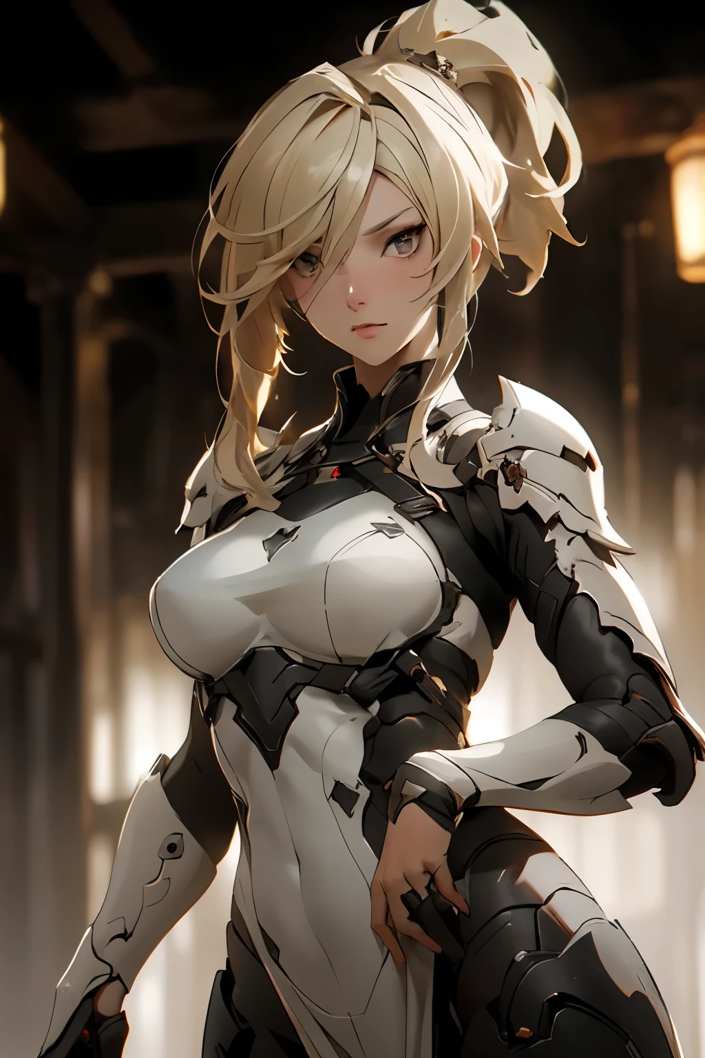 ((best quality)), ((Masterpiece)), (details:1.4), 3d, HDR (high dynamic range), an image of a beautiful cyberpunk female, Hight ponytails, Blonde hair, Brown eyes, จมูกโด่ง, ปากแดง, หน้าอกใหญ่, nvidia RTX, PBR surface, After processing, Anisotropic filtration,depth of field, Maximum clarity and clarity, multi-layered surface, Subsurface scattering, perfect proportions, 8K raw files, ความละเอียดสุดยอด, Unreal 5, Perfect proportions, Octane Render, Two-tone lighting, Wide aperture, Low ISO, รายละเอียดดวงตา, crusader, Heavy Black armor, Fierce, หน้ากาก