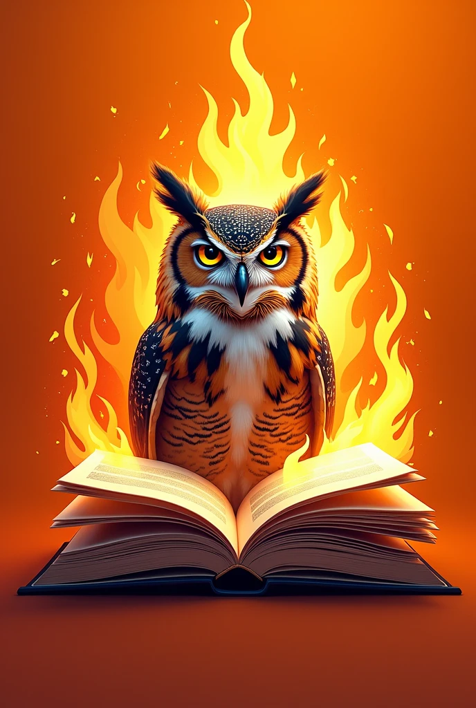 I want you to make a flag with a theme Knowledge shares knowledge, with the main color orange, I want in the middle of it a symbol of an owl coming out of a book behind it, I want fire