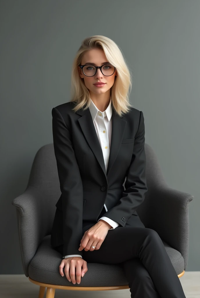 Blonde woman with glasses wearing formal wear, appealing, she is sitting in an armchair, fundo cinza