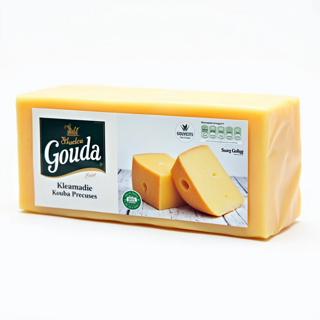 Stock photo of a gouda cheese in its unopened packaging on a table, White background