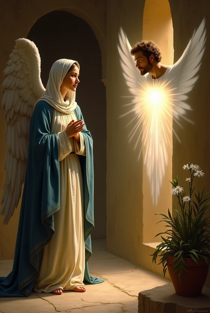 Mary being told that Jesus will be born by the angel man