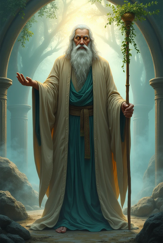 God, old man, masculine, God der Enthaltsamkeit, Dressed like a beggar, gold eyes, Anime Style
