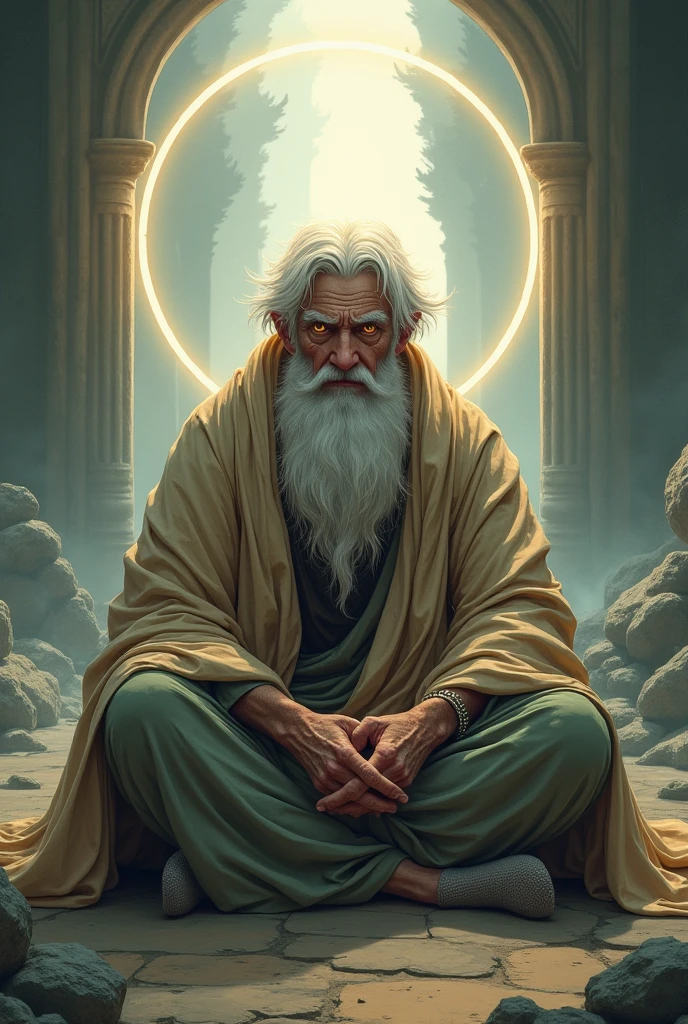 God, old man, masculine, God der Enthaltsamkeit, Dressed like a beggar, gold eyes, Anime Style