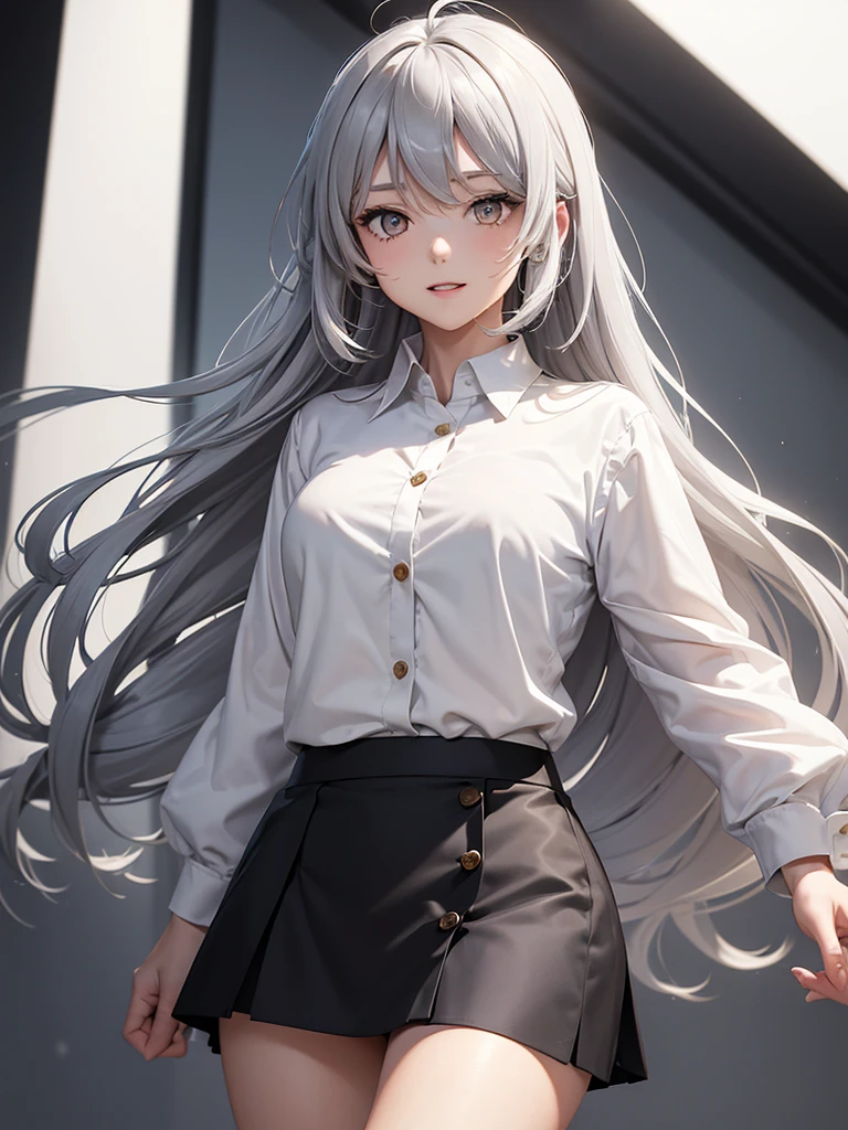 ((masterpiece, Highest quality)), (One person), (alone), (Focus on women), (Ahoge, Gray Hair, Very long hair), Golden Eyes, A light smile, Open your mouth, ((White shirt), (oned shirt), (Buttap)), ((Black Skirt), (Short skirt)), Are standing, White Background, Put your arms behind your back, Dynamic Angle,