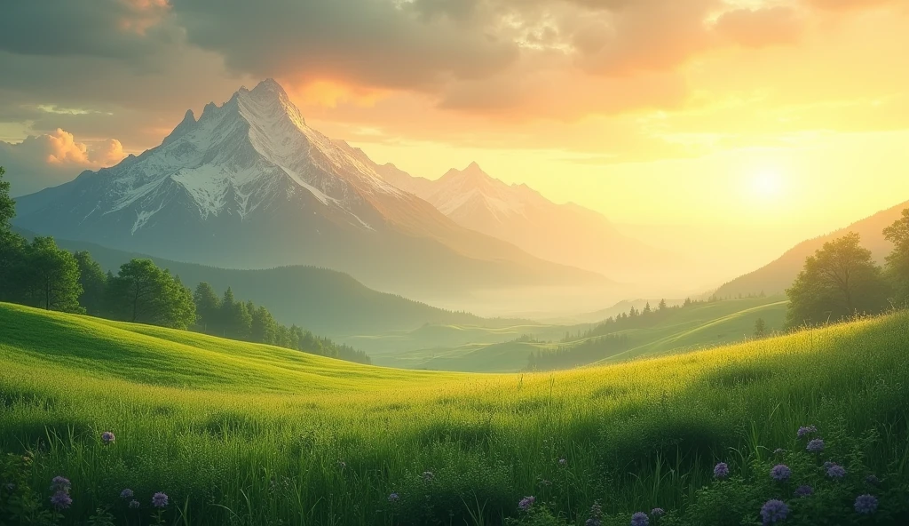 Uma paisagem serena, like a sunrise, mountains or a green field, can convey a sense of peace and connection with the divine.